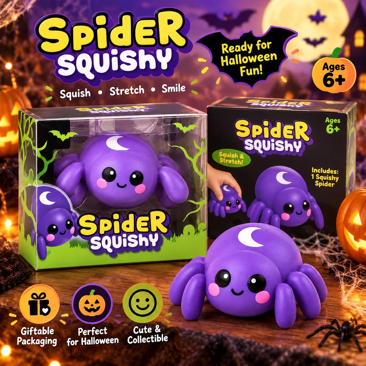 Difdany Spider Squishy Toy, Cute Purple Squeezable and Stretchable Spider Figure, Soft Sensory Play Toy for Ages 6+, Halloween Novelty Toy, Desk Toy, Party Favor and Gift